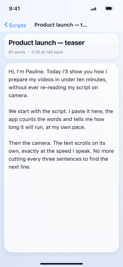 The editor, with the script title, word count and body text.