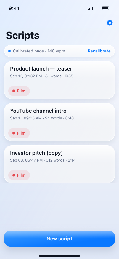 The script list, showing three scripts with their word count and estimated duration.